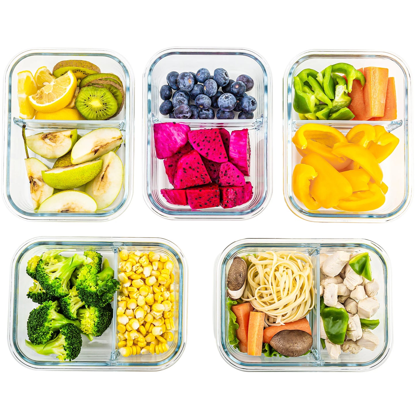 5-Pack, 3 Compartment Glass Meal Prep Containers Set, 34oz,