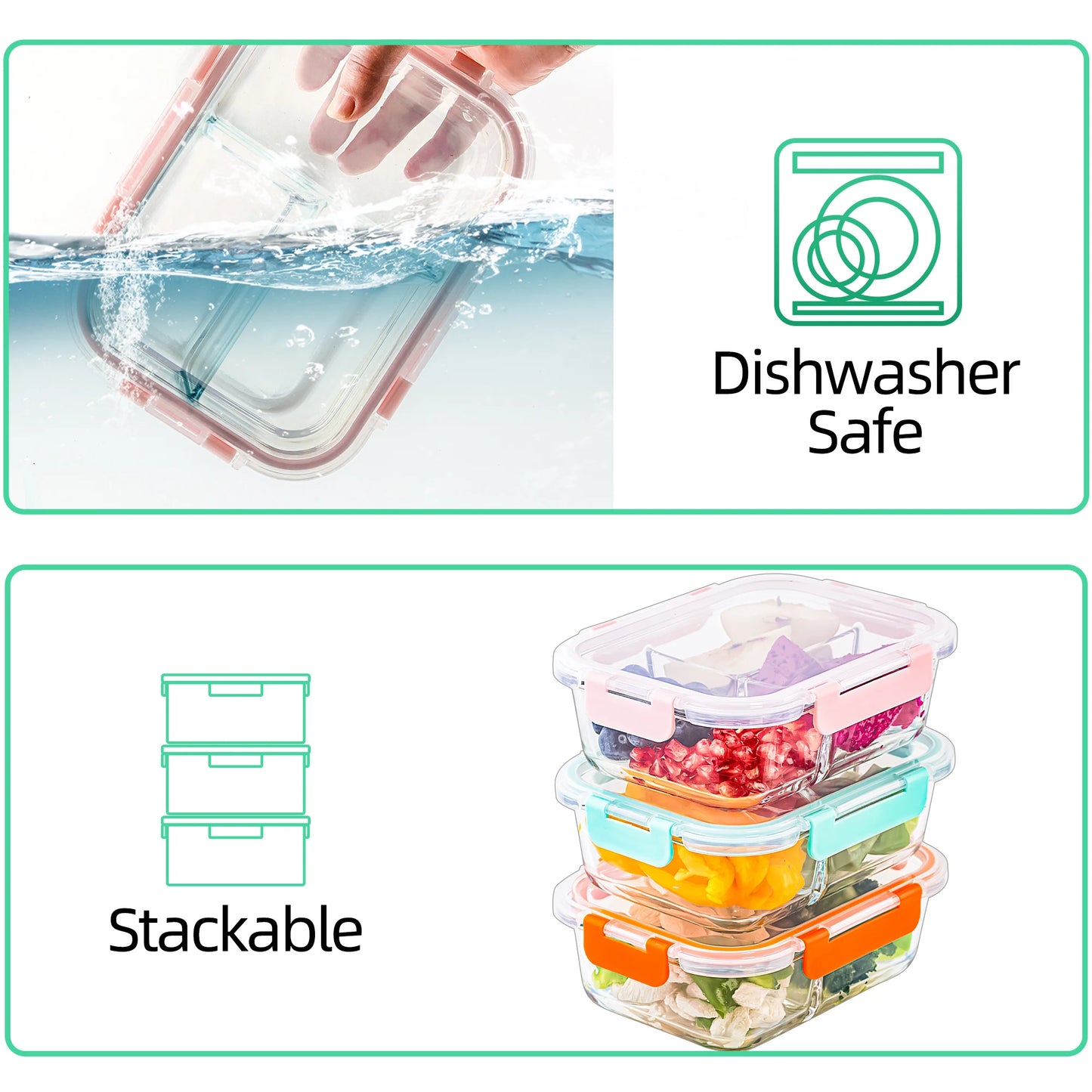 5-Pack, 3 Compartment Glass Meal Prep Containers Set, 34oz,