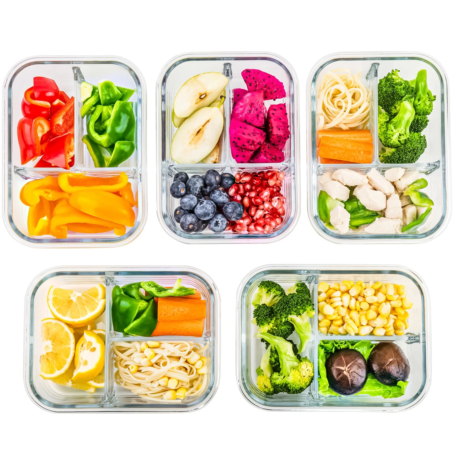5-Pack, 3 Compartment Glass Meal Prep Containers Set, 34oz,