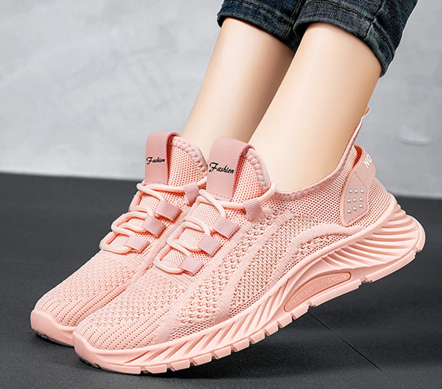 Women Breathable Flats Tennis Shoes, Slip-On Walking/Runnning Shoes, Casual Knit