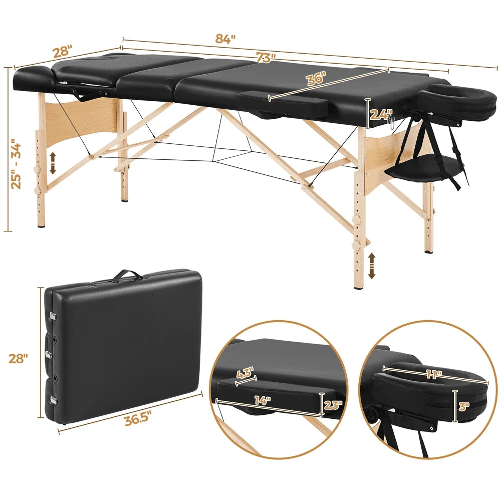 Portable 3 Folding Massage Table with Carrying Bag & Accessories Black