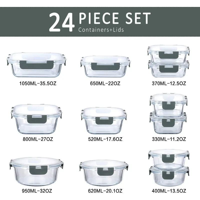 24-Piece Glass Food Storage Containers with Upgraded Snap Locking Lids