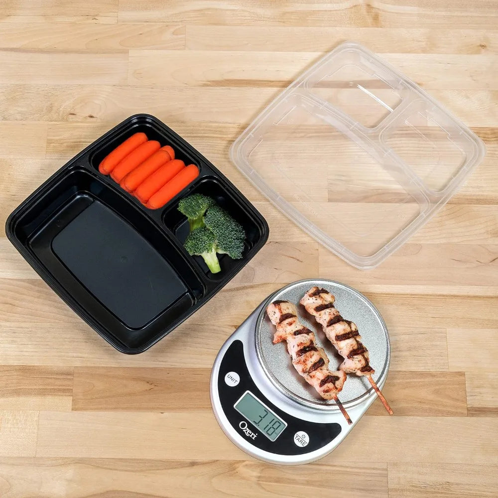 [100 Pack] 3 Compartment with Lids, Food Containers,  BPA Free,  Bento Box