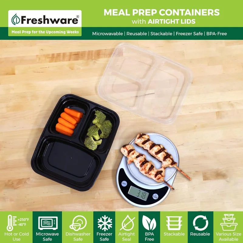 [150 Pack] 3 Compartment Food Containers with Lids, Bento Box, Stackable,