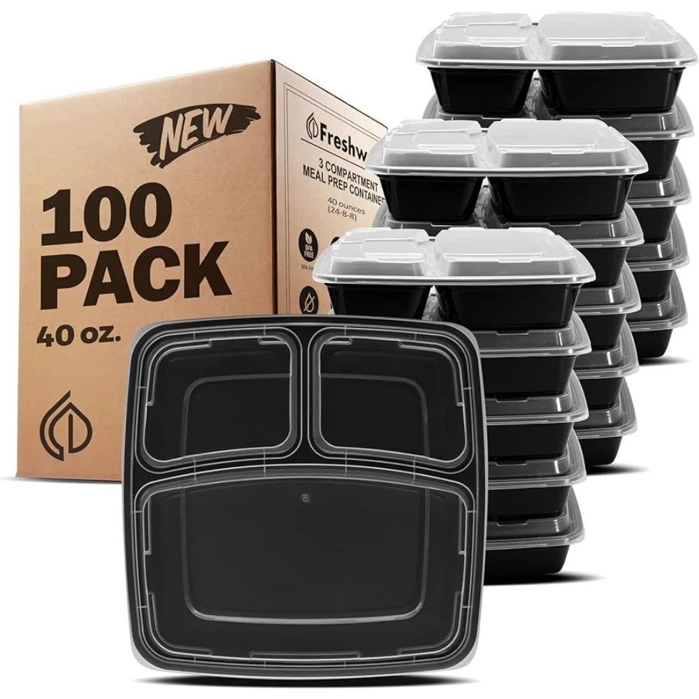 [100 Pack] 3 Compartment with Lids, Food Containers,  BPA Free,  Bento Box