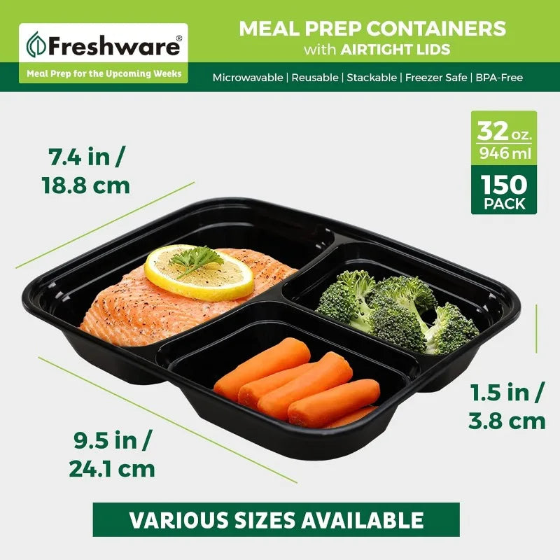 [150 Pack] 3 Compartment Food Containers with Lids, Bento Box, Stackable,