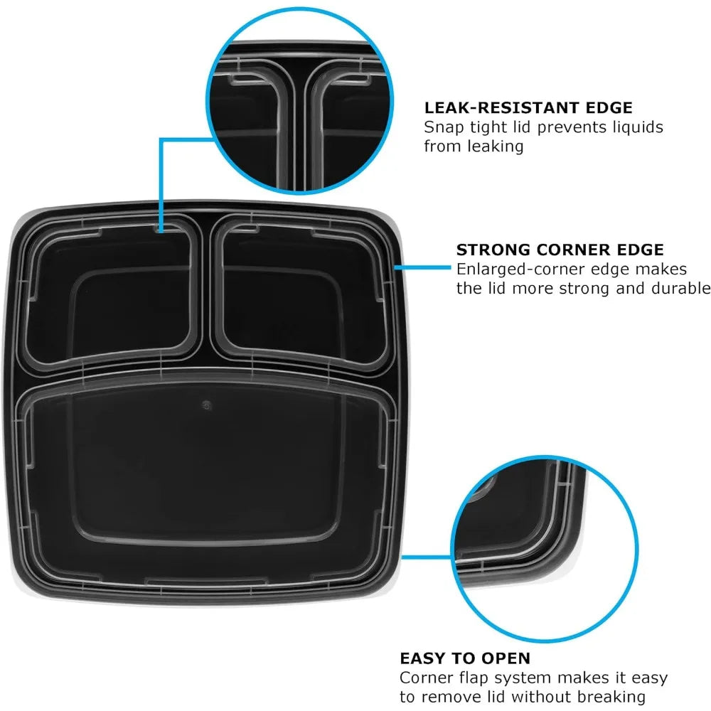 [100 Pack] 3 Compartment with Lids, Food Containers,  BPA Free,  Bento Box