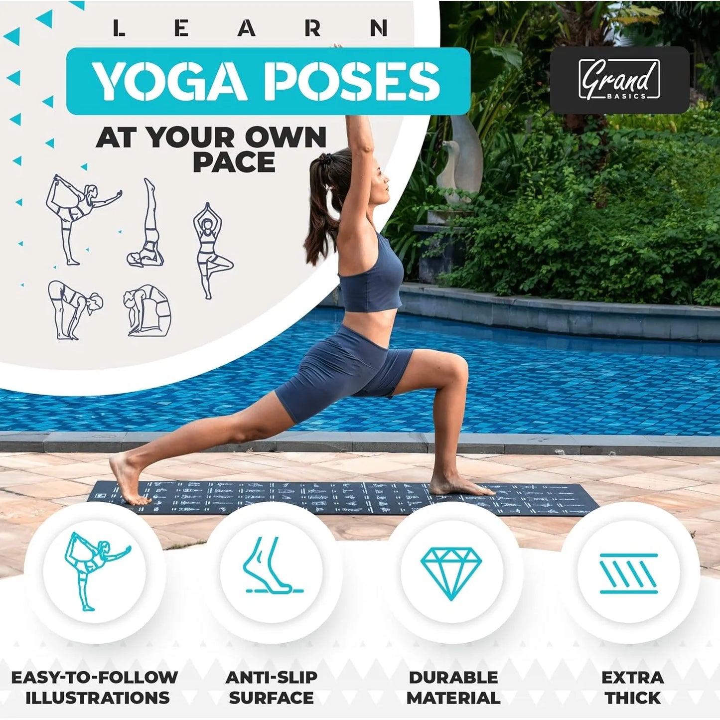 Instructional Yoga Mat with Poses Printed On It & Carrying Strap