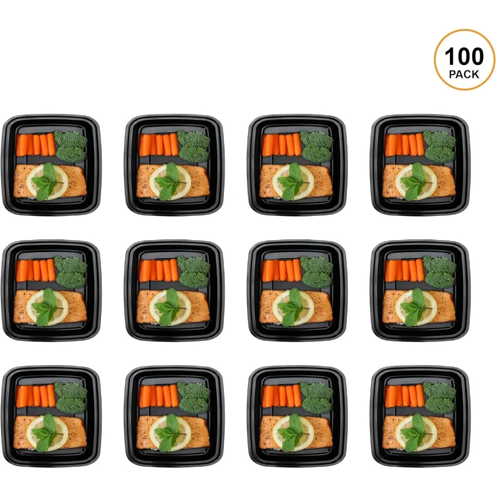 [100 Pack] 3 Compartment with Lids, Food Containers,  BPA Free,  Bento Box