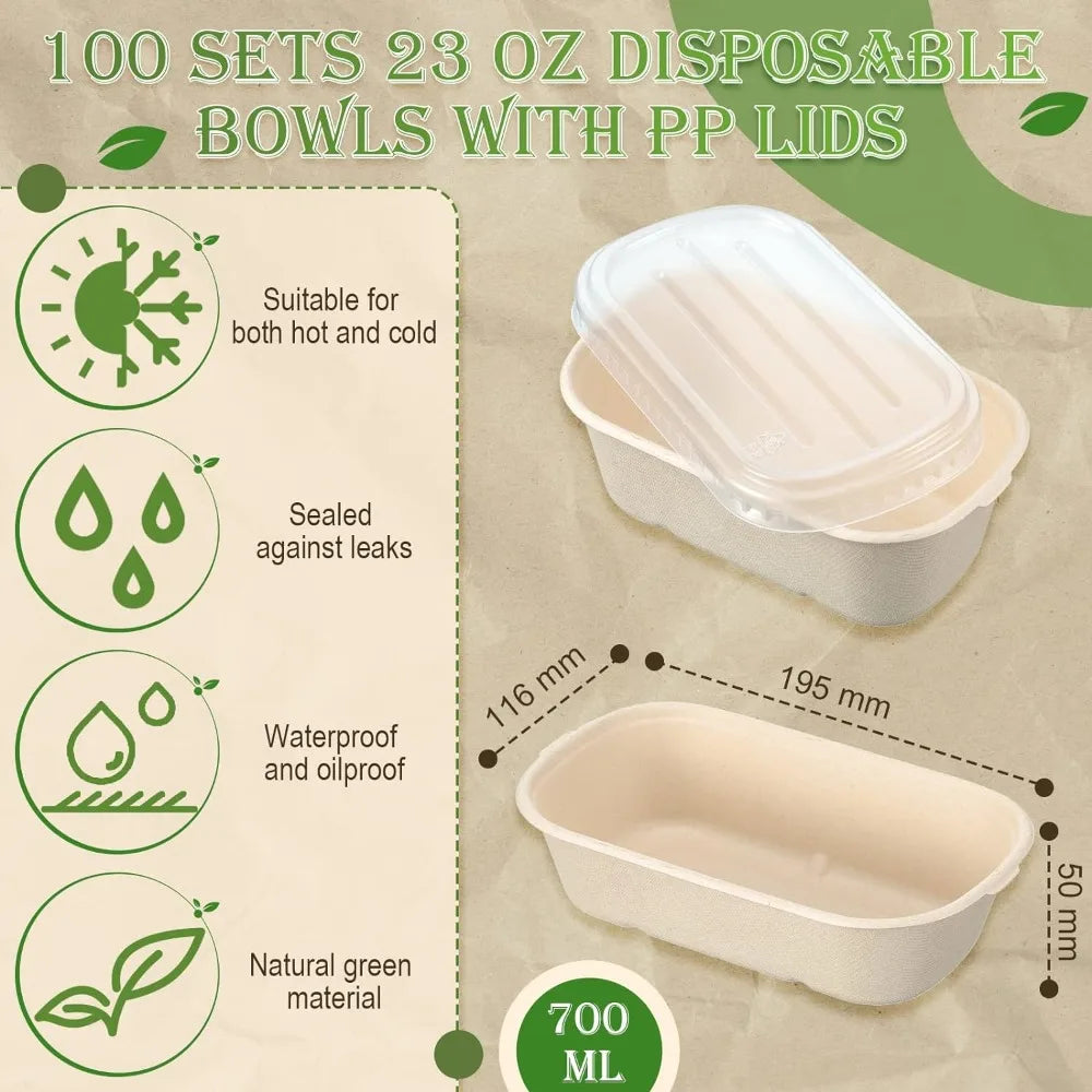 100 Sets Disposable Food Containers with Lids Disposable Paper Bowls