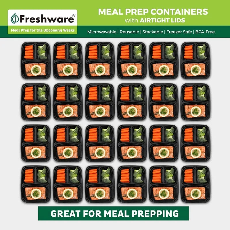 [150 Pack] 3 Compartment Food Containers with Lids, Bento Box, Stackable,