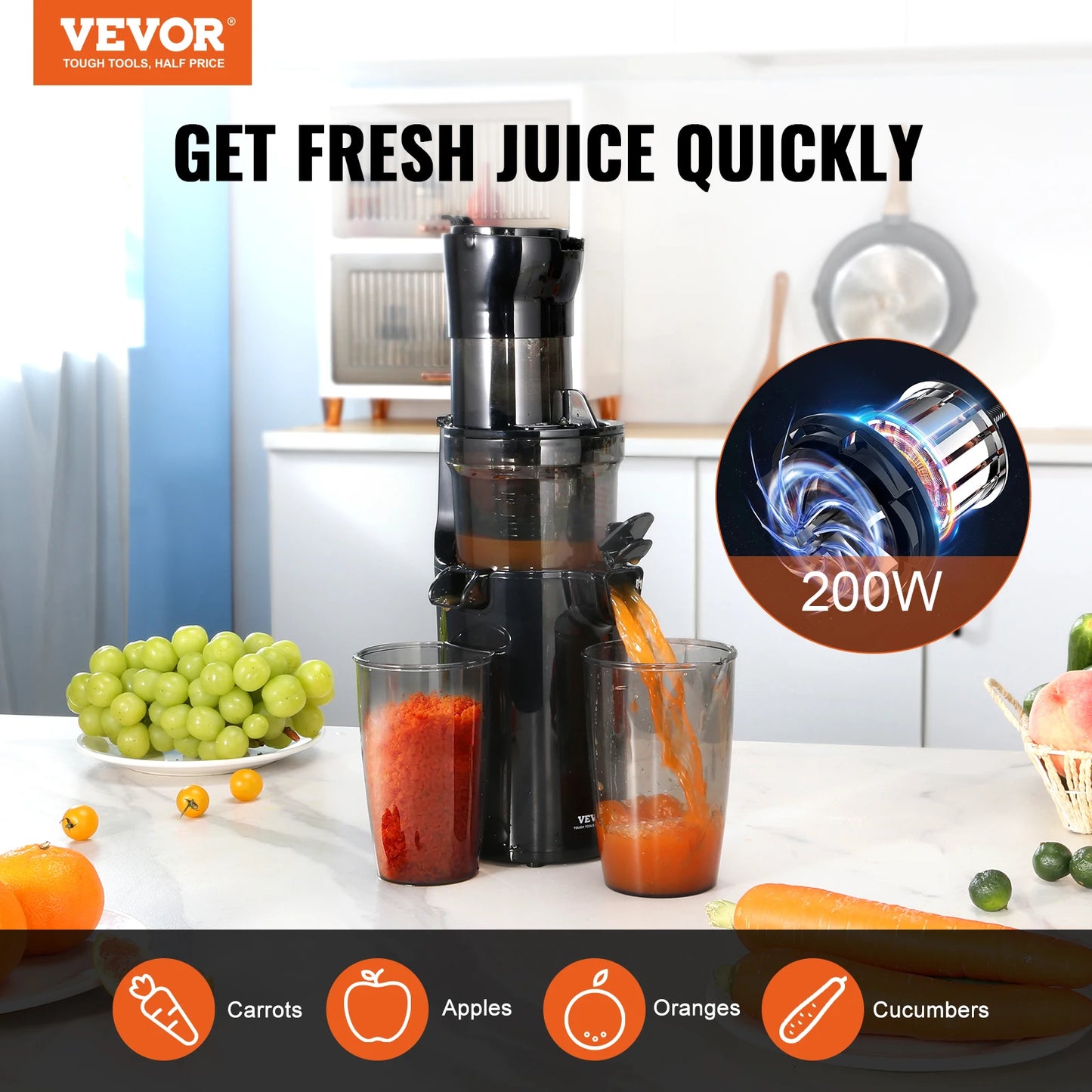 VEVOR Masticating Juicer Cold Press Juicer Machine 2.6" Large Feed Chute