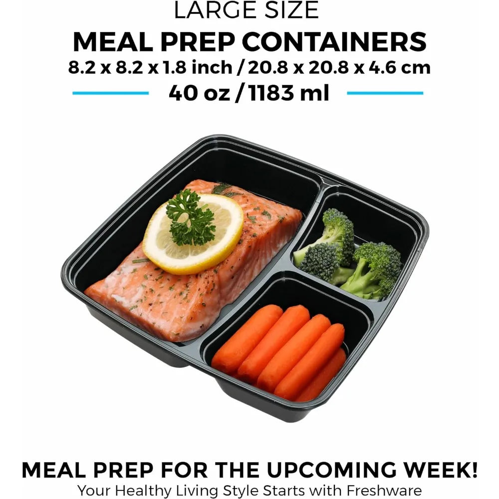 [100 Pack] 3 Compartment with Lids, Food Containers,  BPA Free,  Bento Box