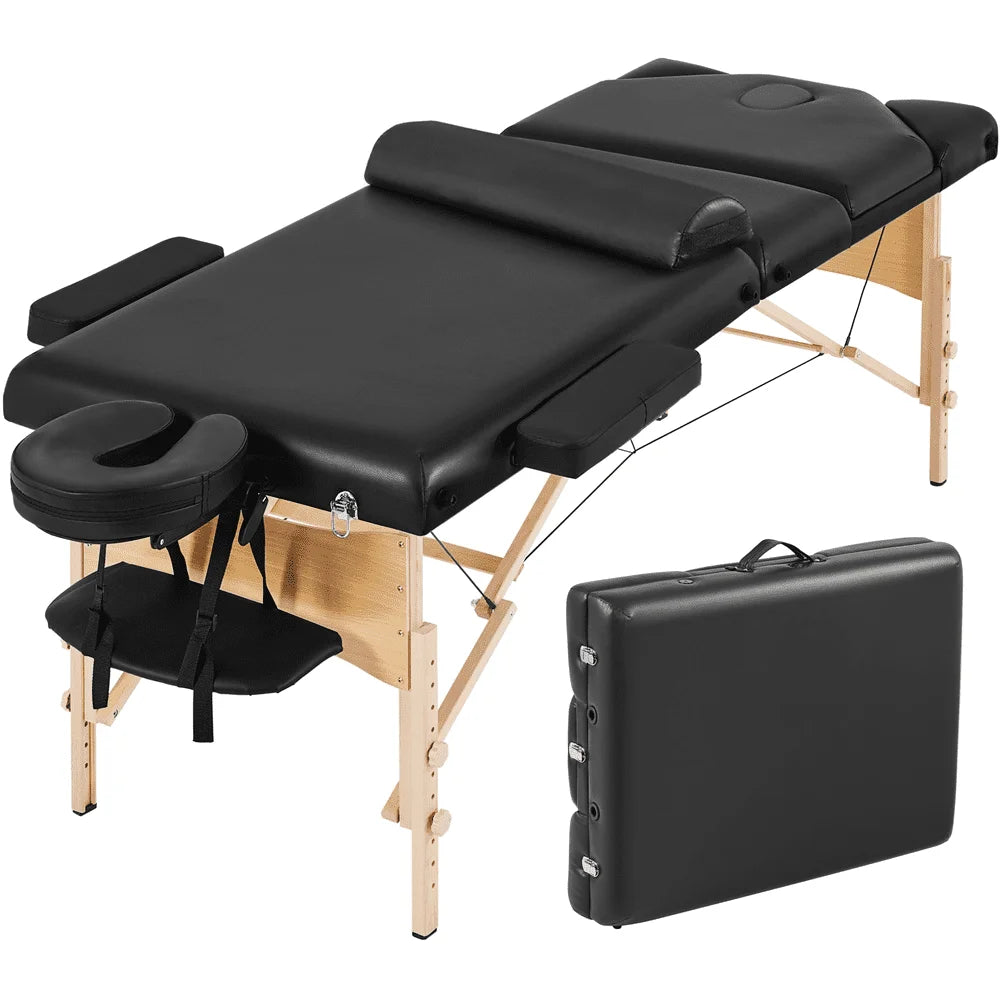 Portable 3 Folding Massage Table with Carrying Bag & Accessories Black