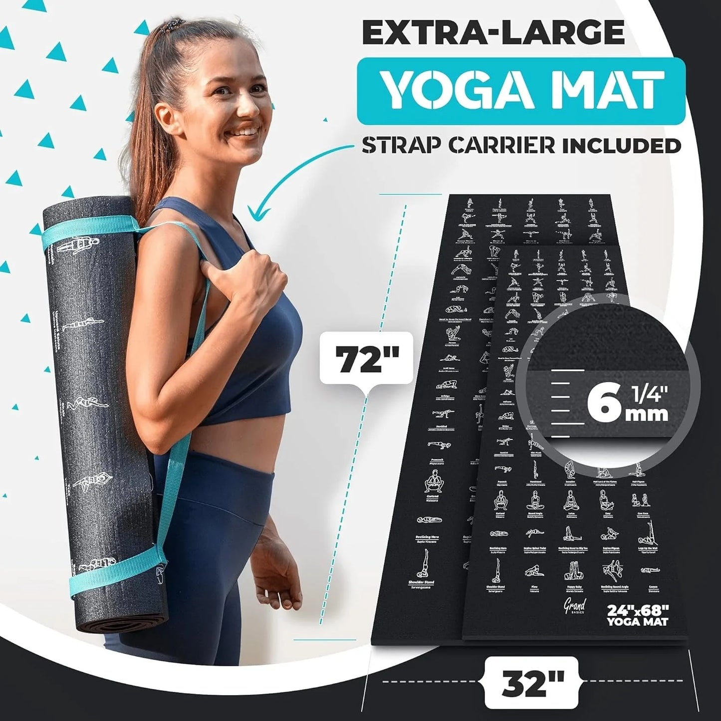 Instructional Yoga Mat with Poses Printed On It & Carrying Strap