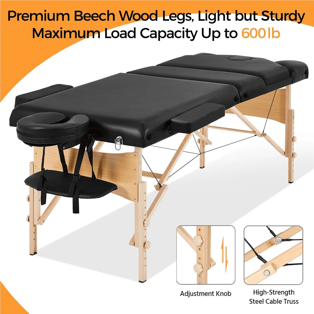 Portable 3 Folding Massage Table with Carrying Bag & Accessories Black